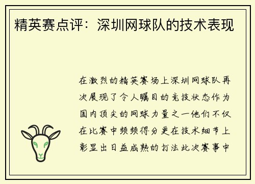 精英赛点评:深圳网球队的技术表现