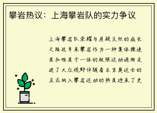 攀岩热议:上海攀岩队的实力争议