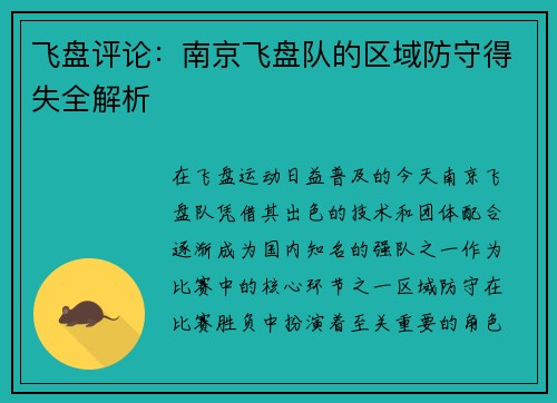 飞盘评论:南京飞盘队的区域防守得失全解析