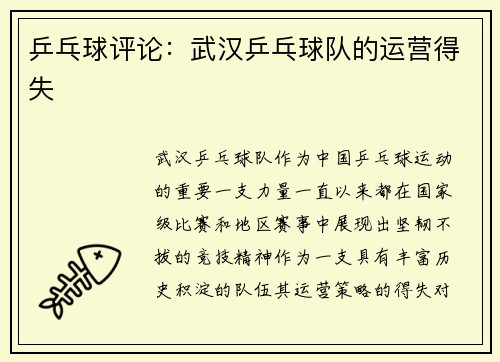 乒乓球评论：武汉乒乓球队的运营得失